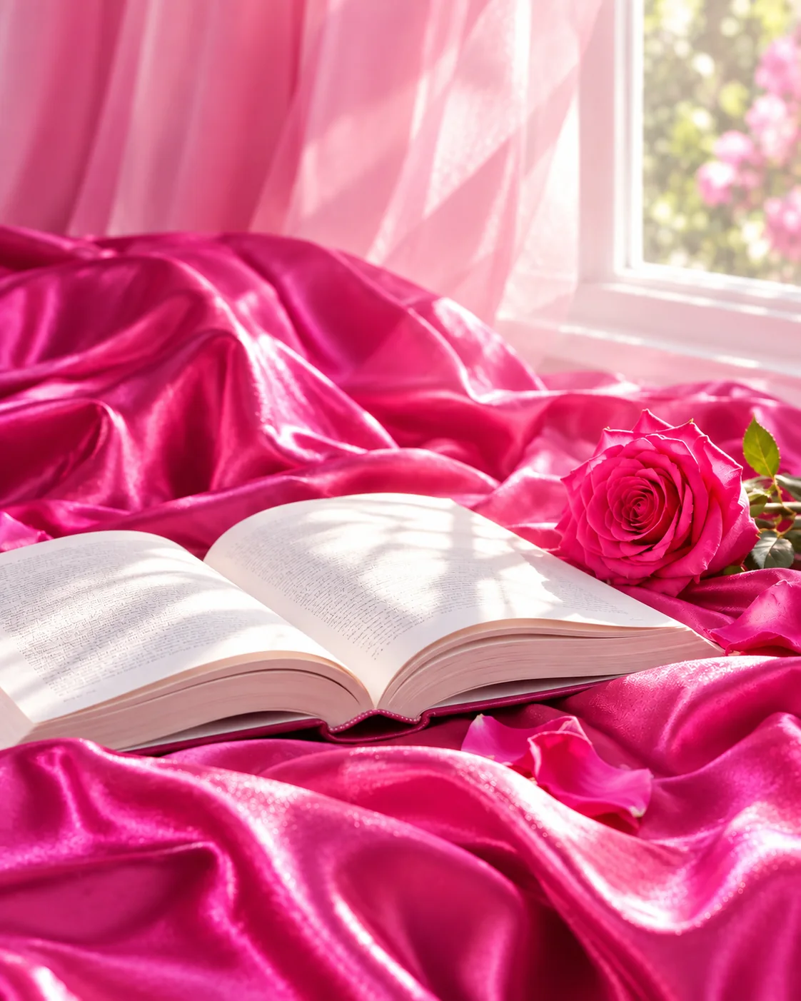 An open book and a vivid pink rose on luminous pink satin in bright natural daylight